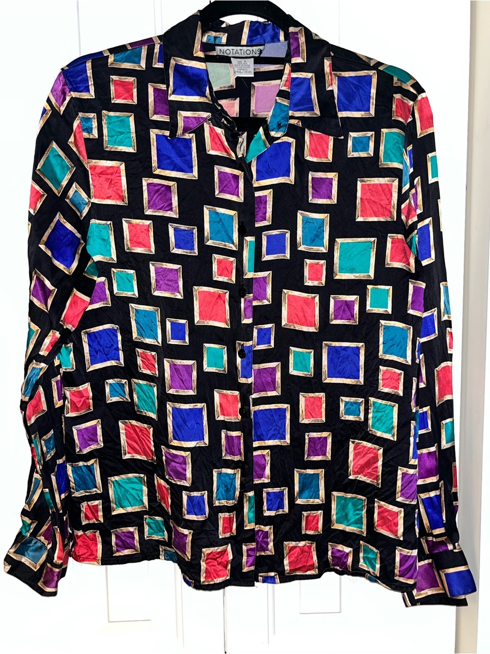 Notations Vintage Silk Black Geometric Print Button-Up Shirt